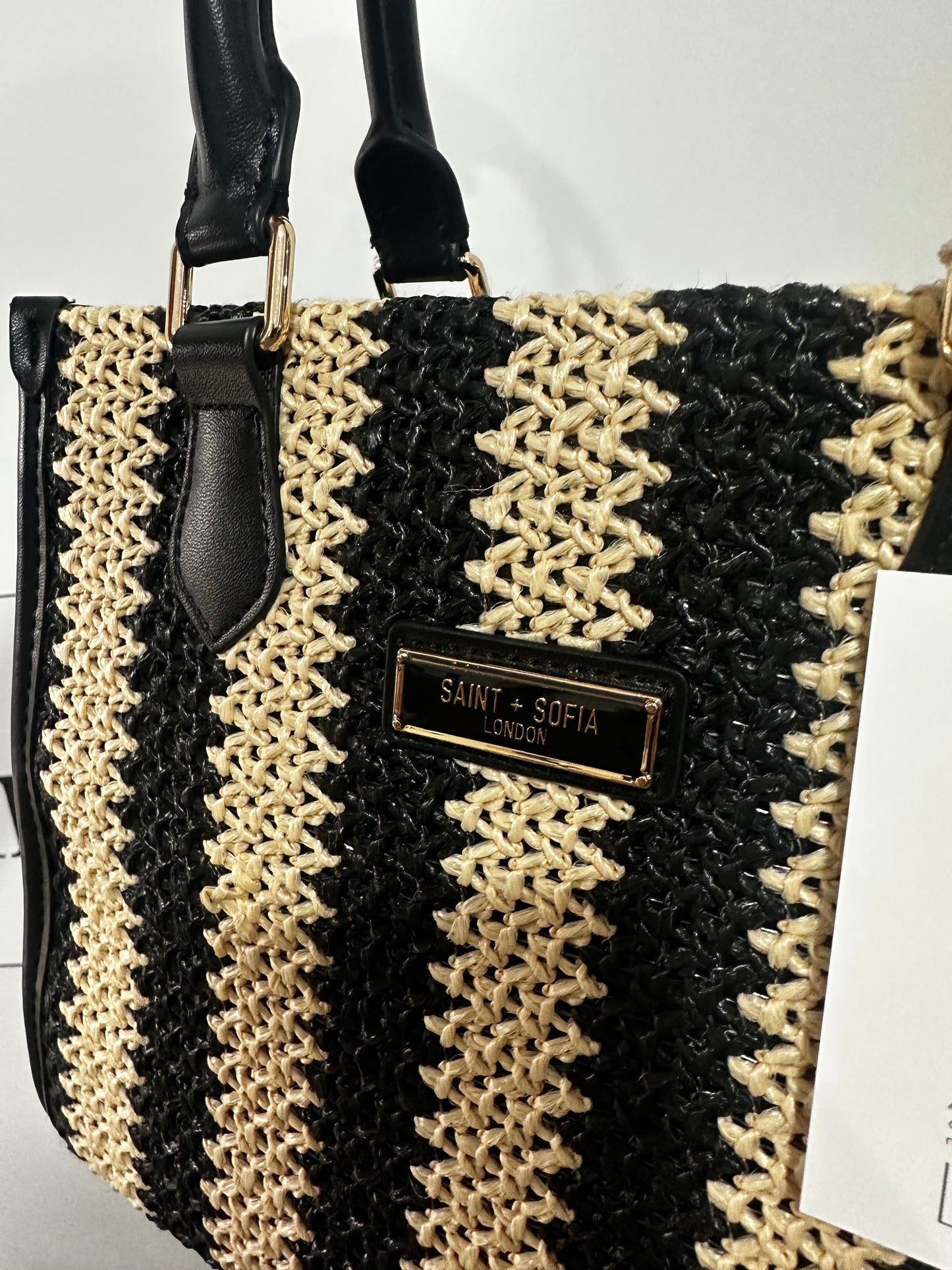 Mia Mini Tote Bag - Beige/Black Raffia Saint + Sofia Current Season Bag