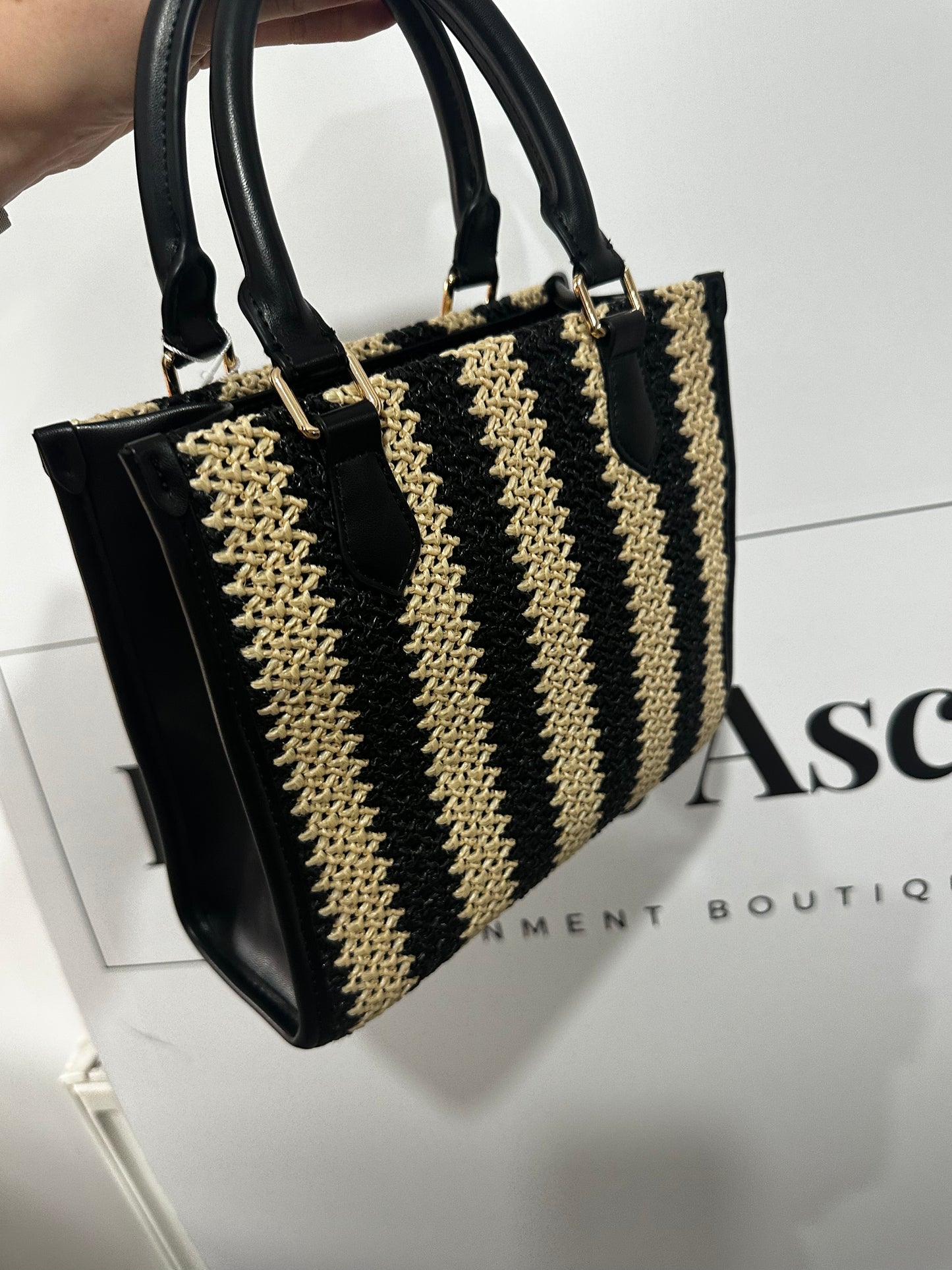 Mia Mini Tote Bag - Beige/Black Raffia Saint + Sofia Current Season Bag