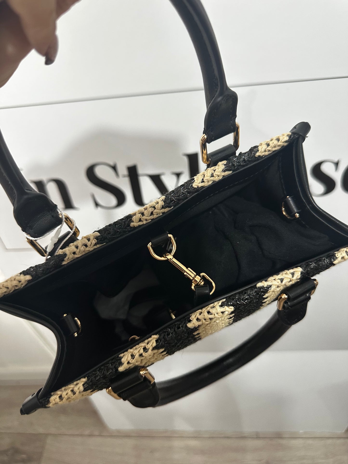 Mia Mini Tote Bag - Beige/Black Raffia Saint + Sofia Current Season Bag