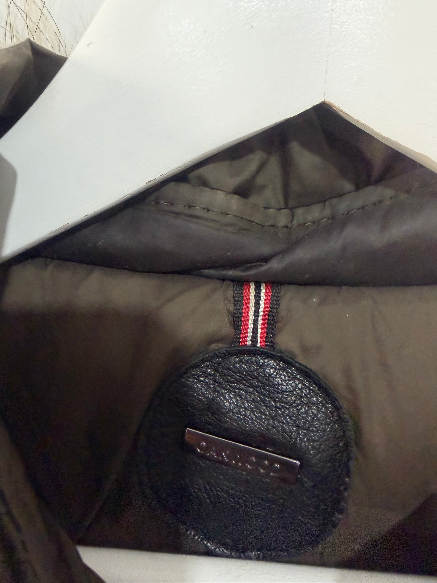 Black Racoon Fur Hood Oakwood Leather Jacket, Size XL