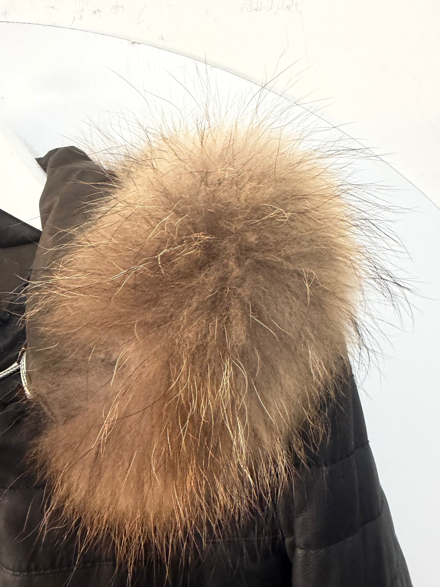 Black Racoon Fur Hood Oakwood Leather Jacket, Size XL