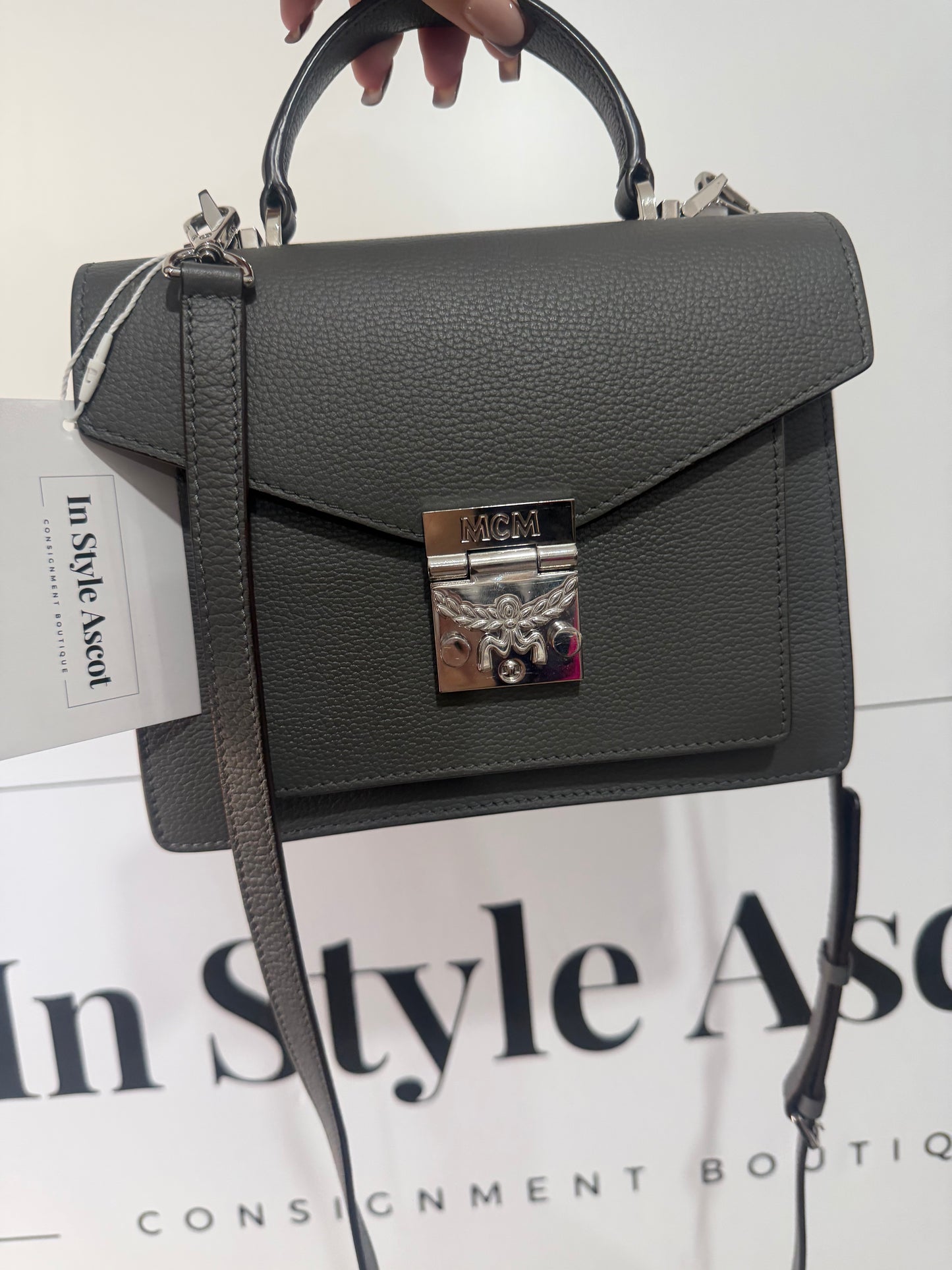 Grey MCM Handbag with Crossbody Strap, Excellent Condition