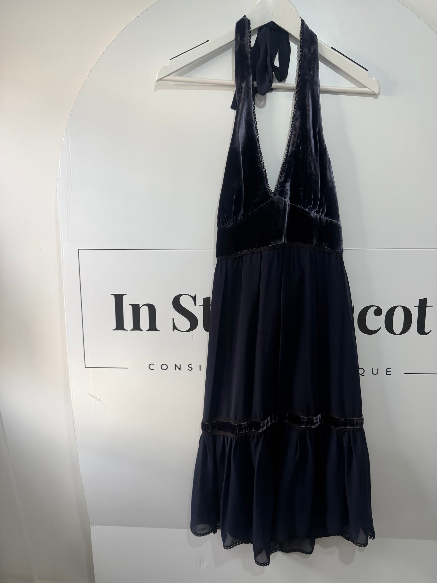 Blue with Velvet BCBGMaxazria Halterneck Dress, Size S