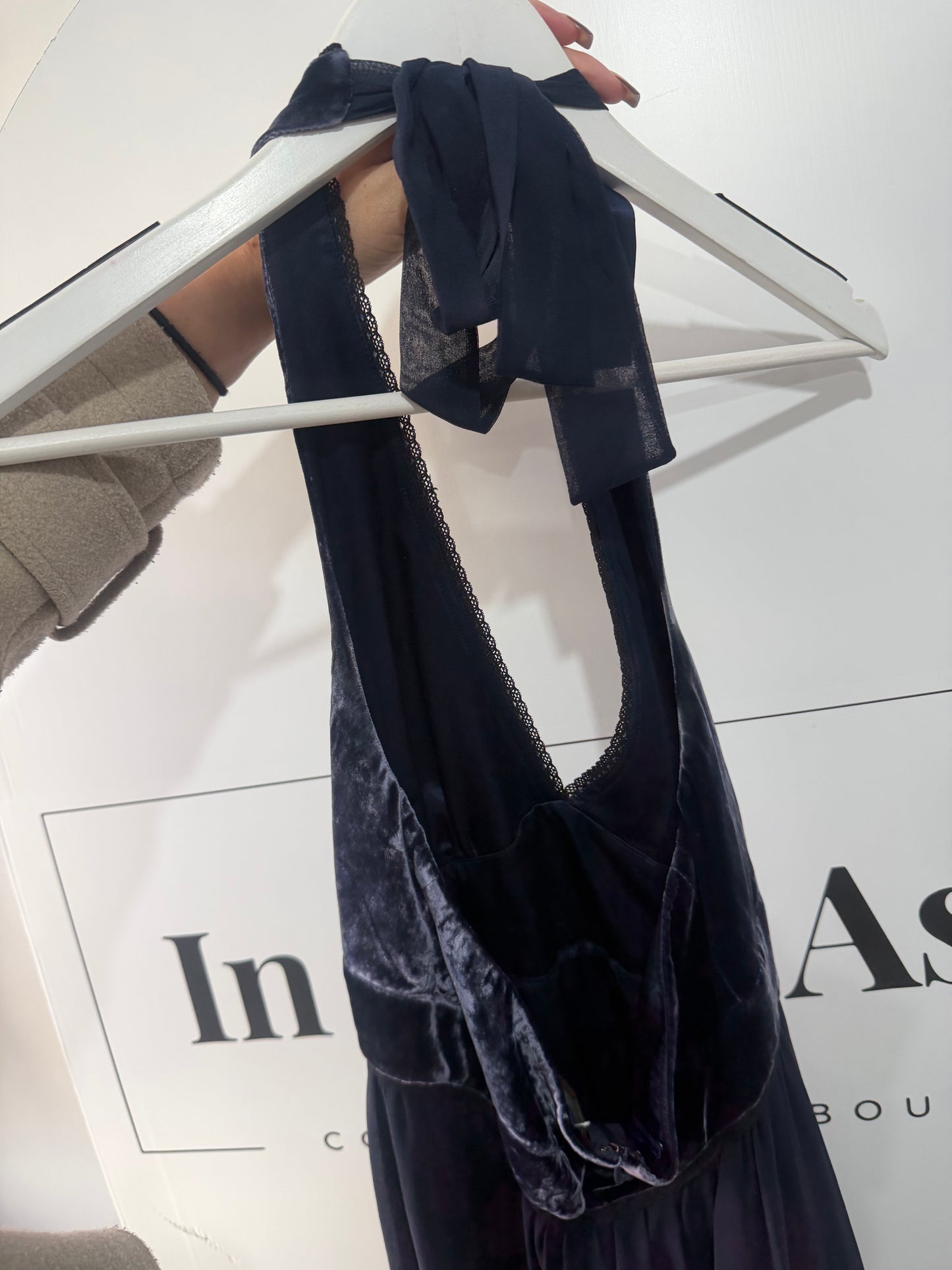 Blue with Velvet BCBGMaxazria Halterneck Dress, Size S