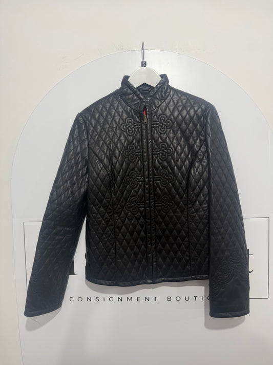 Black Shanghai Tang Leather Jacket, Leather and Silk 10/12