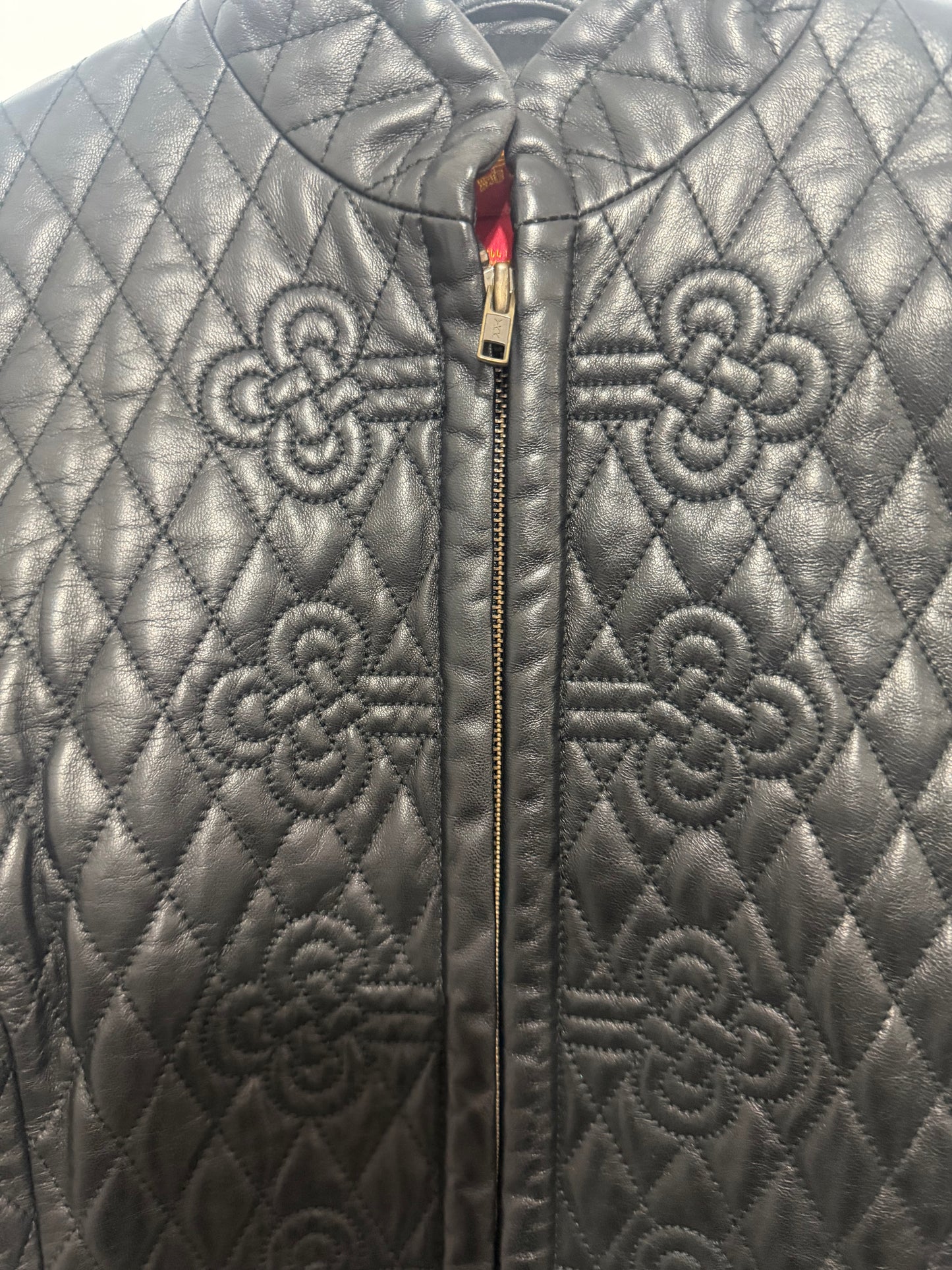 Black Shanghai Tang Leather Jacket, Leather and Silk 10/12