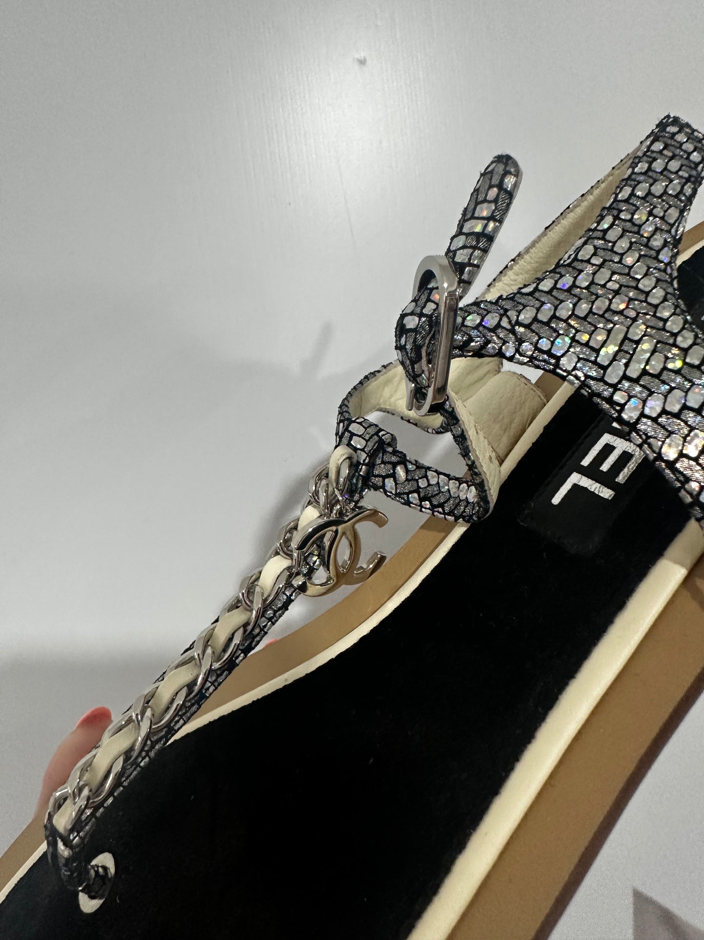 Silver Chanel Interlocking CC Sandals, Size 39 - UK 6