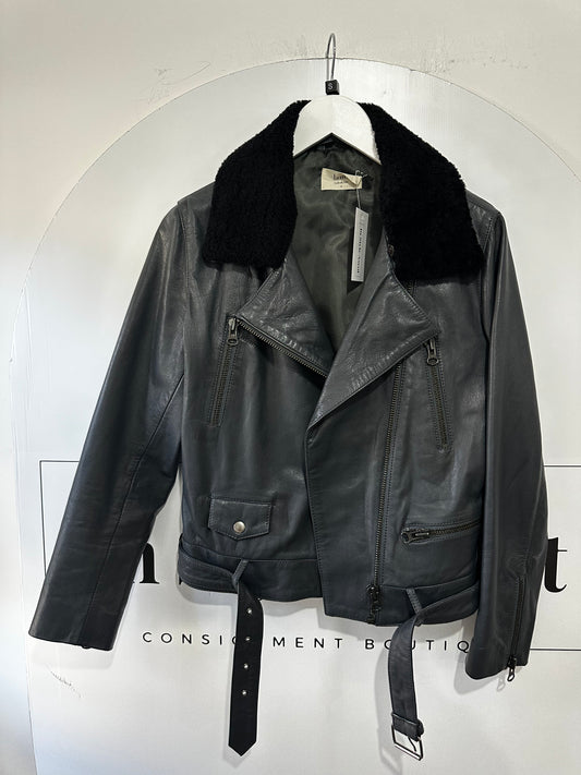 Shearling Collar Hush Leather Jacket, Size 8-10