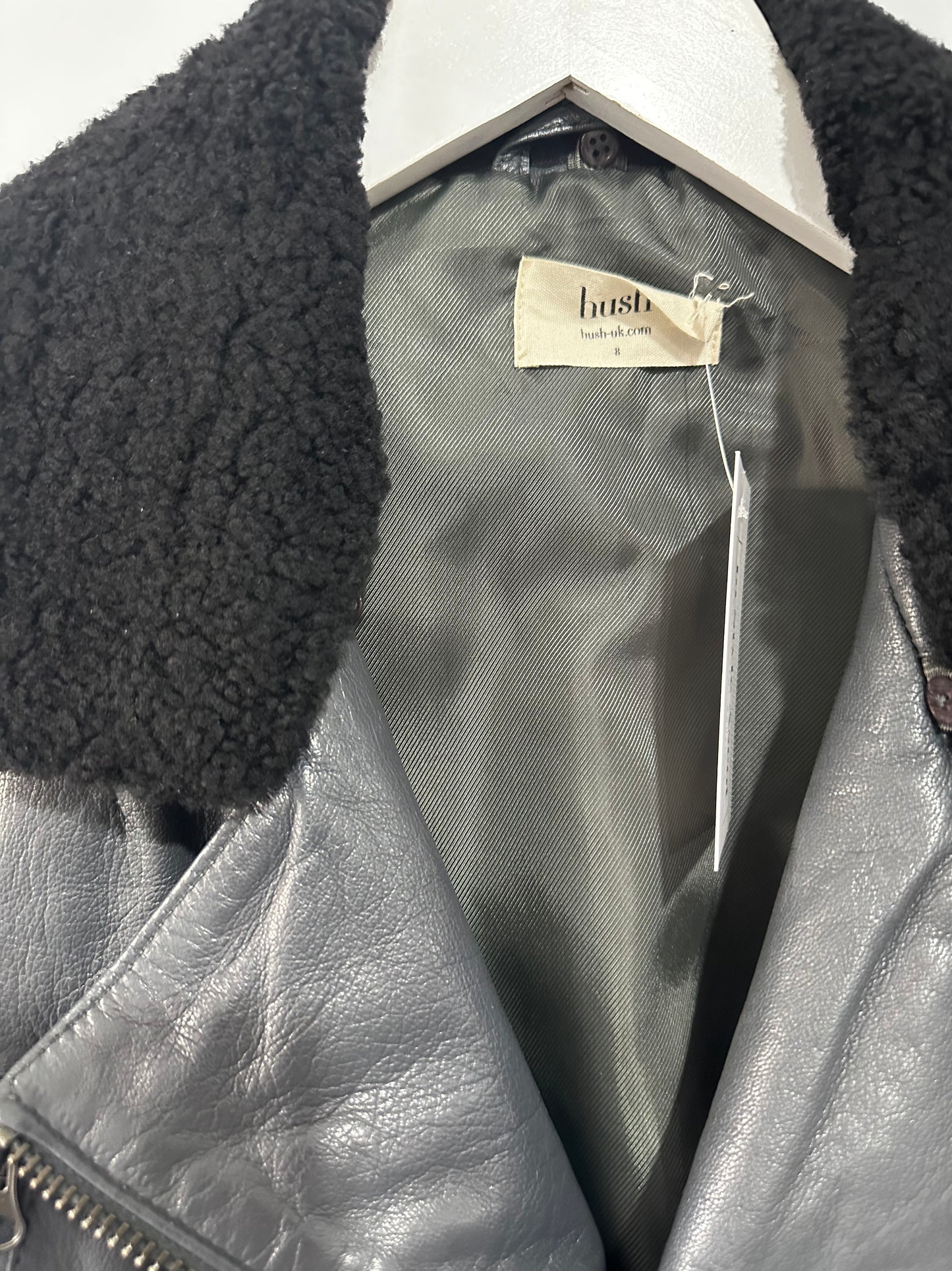 Shearling Collar Hush Leather Jacket, Size 8-10