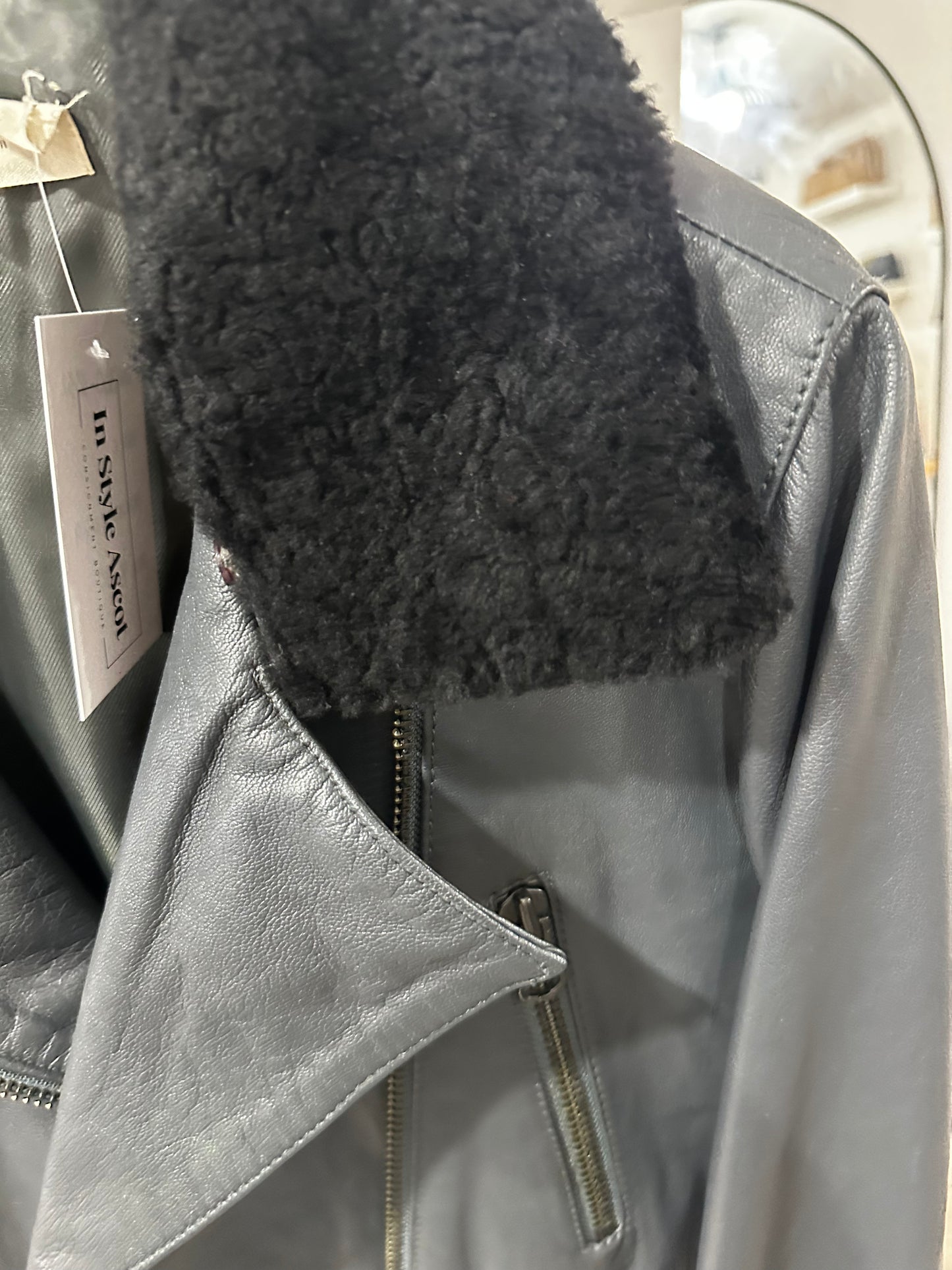 Shearling Collar Hush Leather Jacket, Size 8-10